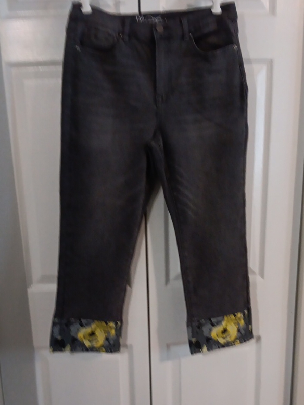 Women’s Dark Gray Crop Jeans with Floral Cuff